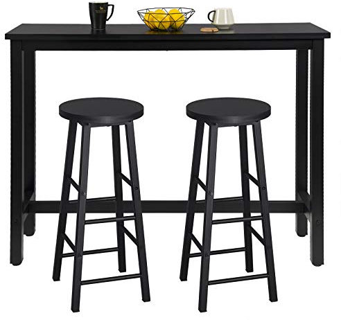 WOLTU Bartisch Set mit 2 Barhockern, 3-teilige Essgruppe mit Küchenstühlen, Esstisch & 2 Hockern aus Metall & Holz für Küchen Wohnzimmer, Schwarz