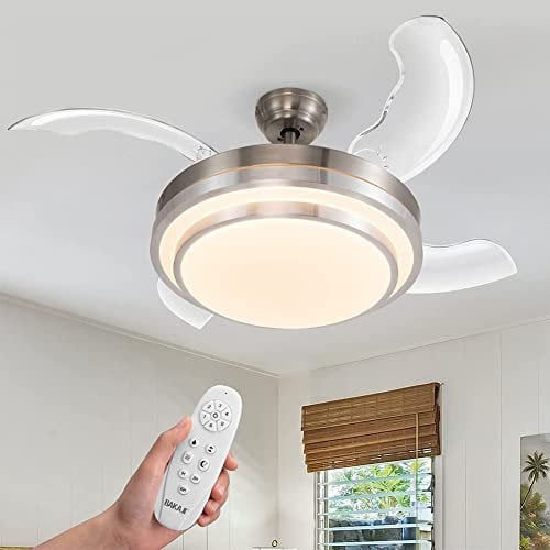 BAKAJI Ventilatore Lampadario da Soffitto 4 Pale con Lampada in Vetro Satinato 3 Velocità e Telecomando per Comando a Distanza Diametro 106 cm Colore Silver e Pale trasparenti