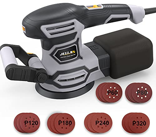 Orbital Sander, Jellas 450W 13000 RPM 125mm Random Orbit Sander with 18 Pcs Sandpapers and Auxiliary Handle, 6 Speeds 3m Wire Thorny Fur Paste Electric Sander