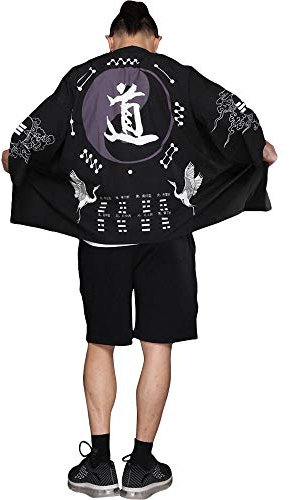 G-LIKE Herren Sommer Kimono Cardigan – Traditionelle Japanische Kleidung Haori Kostüm Taoistische Robe Langarm Jacke Chinesischer Stil Umhang Nachthemd Bademantel Nachtwäsche für Männer (Schwarz)