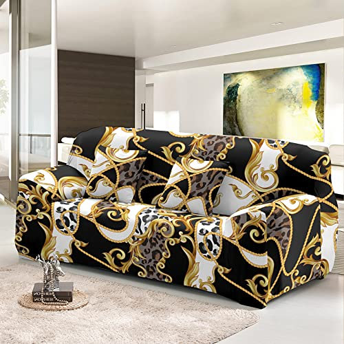 LNXSESN Sofa Überzug Gold Schwarz Weiß Sofabezug Stretch Elasthan Couch Abnehmbare Waschbar Sofaschoner Anti Rutsch Couchbezug Moderne Cover Universal Sofahusse Ecksofa 2 Sitzer, Sitzer（145-185cm）