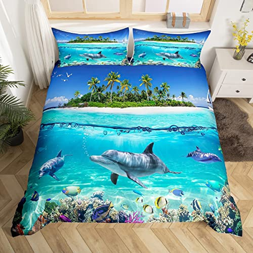 Homewish Underwater World Bedding Set Hawaii Beach Duvet Cover King,Island Mediterranean Comforter Cover Tropical Sealife Bed Sets Nautical Sea Animal Ocean Theme Bedroom Decor for Child Kids