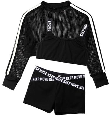 Jowowha Kinder Hip Hop Kleidung Mädchen Langarmshirt Crop Tops + Sport BH Bustier + Sport Shorts Streetwear Jazz Tanzkleidung Schwarz 134-140