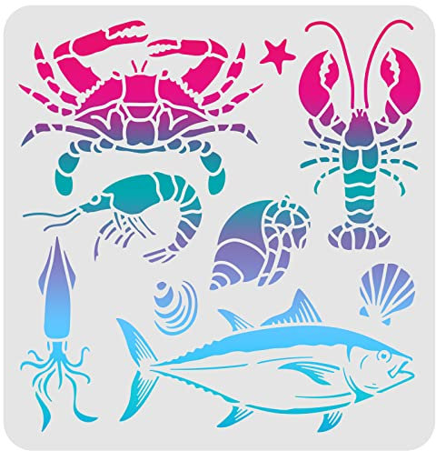 FINGERINSPIRE Meerestier-Schablone 30x30cm Fisch/Garnelen/Krabben/Oktopus/Muscheln/Muscheln Zeichenschablone Meerestiere Schablone zum Malen auf Holzfliesen Papier Stoff Bodenwand
