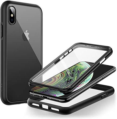 JETech Case for iPhone XS and iPhone X 5.8 Inch with Built-in Screen Protector Anti-Scratch, 360 Degree Full Body Rugged Phone Cover Clear Back (Black)