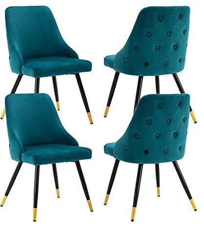 chairus Küche Esszimmerstühle 4er Set Samt Polsterstuhl Seitenstühle Wohnzimmerstuhl Modern Armloser Bürostuhl mit Metallbeinen (Teal#1-4)