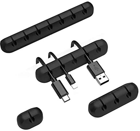 Cable Holder Clips (4 Pack) | Self-Adhesive Silicone Desk Tidy | Cable Management Clip for tidying Wires Leads Cords USB Charging Cable Mouse Wire | PC Desktop Office Home Organiser Car | Black