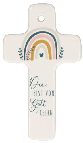 Butzon & Bercker Weißes Porzellan-Kreuz mit christlichem Motiv und Segensspruch; Kinderkreuz zur Taufe oder Erstkommunion, Maße 6,5 x 11 cm, mit Geschenkverpackung (Regenbogen (Geliebt))