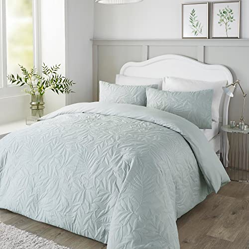 Serene - Green Leaf Embossed Duvet Cover - Single Bedding Size (140 x 200cm) - Soft Touch - Leaf/Leaves Embroidery Duvet Cover in Green - Luxury Bedding Set - Luana Collection