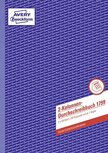 AVERY Zweckform 1799 - Cuaderno de columnas de 2 dos puntos (A4, 2 x 40 hojas, autocopiable, libro de negocios, para Alemania y Austria, para crear originales y copiar), color blanco