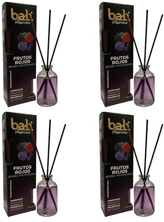 Pack de 4 Bali fragancias Ambientador Mikado FRUTOS ROJOS Difusor con varillas de ratán para tu salón, comedor o cualquier estancia de tu hogar, fragancias seleccionadas, Aromaterapia, Perfumado