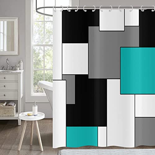 Hnmdmyi Duschvorhang Türkis 180x200, Grau Schwarz und Weiß Duschvorhänge Moderne Geometrische Dekorative Badewanne Vorhang Wasserdicht Polyester Stoff Waschbar Badevorhang für Badezimmer mit Haken