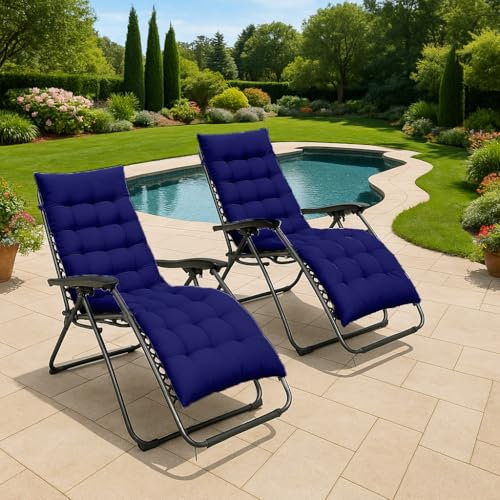 XEO HOME 2pcs Sun Lounger Chairs with Cushions Padded Set of 2 Zero Gravity Reclining Foldable Chair Portable Garden Camping Thick Comfortable Non-Slip Relaxer (Blue Chair with Blue Cushion)