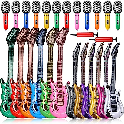 Tradder Set da 24 pezzi di giocattoli gonfiabili Rock Star da 94 cm, con chitarra gonfiabile da 61 cm e 25 cm, per feste a tema musicale anni '80 e '90, decorazione per feste di compleanno