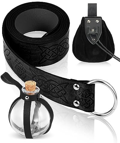 Paterr 4 Stück Halloween Mittelalter Accessoires enthalten Wikinger Gürtel Leder Gürteltasche und Zaubertrank Flasche mit Kork Holster, Schwarz, Medium, Hüfttaschen
