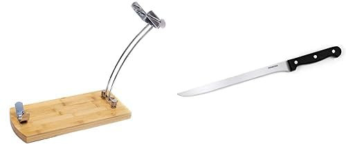 Fackelmann Set Jamonero, Incluye Soporte Jamonero Plegable de Madera de Bambú y Cuchillo Jamonero Nirosta Mega 36 cm con mango de plástico POM, hoja de 24 cm