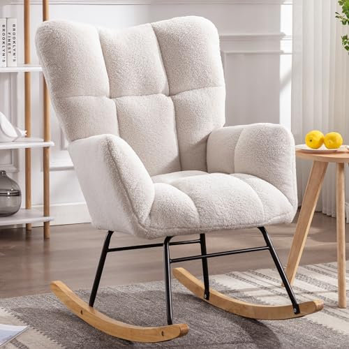 DEKKETO Nursing Rocking Chair, Teddy Glider Chair for Nursery, Comfy Living Room Armchairs with High Backrest for Adults, Ivory