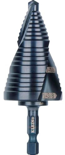 Klein Tools QRST15 Step Drill Bit, Quick Release Spiral Double-Fluted, 7/8 to 1-3/8-Inch, Hex Shank, Cut Steel, Wood, Plastic, Aluminum