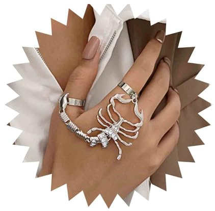 Inilbran Punk Crystal Scorpion Chain Rings Vintage CZ Scorpion Finger Rings Silver Scorpion Knuckle Joint Rings Scorpion Halloween Statement Rings Jewelry for Women and Girls