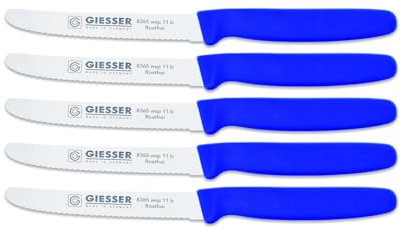Giesser Messer Tomatenmesser Brötchenmesser Tafelmesser 11cm mit Wellenschliff 3mm - 5er Set (Blau)