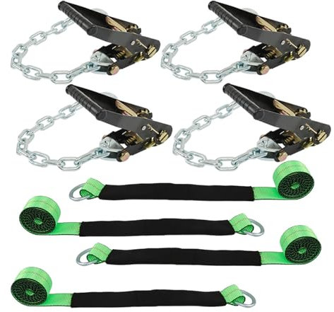 Paquete de 4 amarres para coche con anclajes de cadena, estilo lazo, 2 x 96 pulgadas, 3.3 libras, carga de trabajo segura, color verde