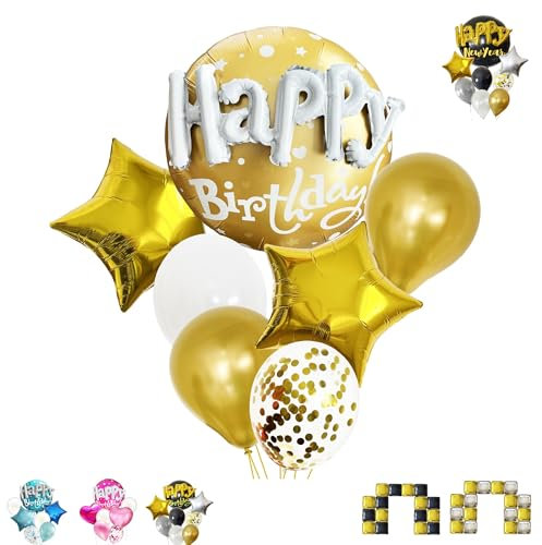 Globos de Cumpleaños: set 9 piezas+accesorios- Decoración Cumpleaños: niños y adultos-Globos Helio color Dorado- Globos Happy Birthday - Estrellas y Confeti