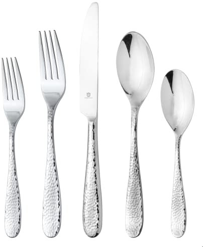 Danialli Besteck-Set für 16, 18, 10, Edelstahl, modernes Fidenza-gehämmertes Besteck-Set, Messer/Gabel/Löffel & langer Teelöffel/Salatgabel, spülmaschinenfest (hochglanzpoliert)
