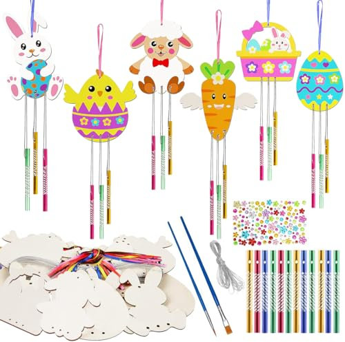 Aurasky Ostern Windspiel Bastelset Kinder 12 tlg, Ostern Basteln, Osterhase Osterküken Karotte Ostereier, Holzanhänger zum Bemalen, Klangspiel für Osterdeko Frühling Jungen Mädchen