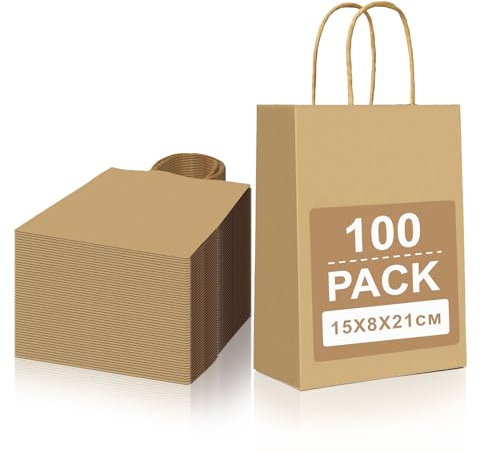 Gucass 100 Stück Klein Papiertüten mit Henkel, Braun Geschenktüten Kraftpapiertüte Papiertragetasche, 15 x 8 x 21cm, Geschenktaschen zum Verpacken Einkaufen Geburtstag Partys Hochzeit Weihnachten