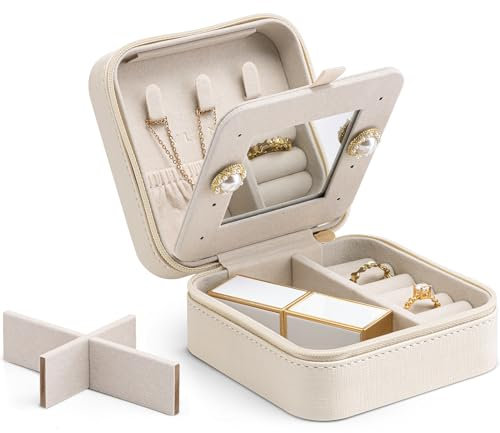 Vlando Small Faux Leather Travel Jewellery Box Organizer Display Storage Case for Rings Earrings Necklace with Mirror