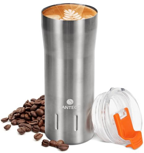 SANTECO Thermobecher 500ml, Kaffeebecher to go 18/8 aus Edelstahl Doppelwandig isoliert - Hält 6 Stunden Heiß - 100% auslaufsicher trinkbecher mit transparent deckel BPA-freier