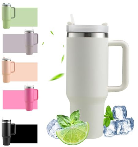 HLDGCX 40oz Thermobecher mit Strohhalm und Henkel, 1200ml Kaffeebecher To Go, Doppelwandiger Edelstahl Vakuum Isolierbecher mit Deckel, Tragbarer Autobecher für Heißer & Kalter Getränke - Weiß