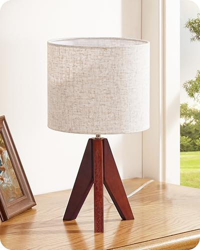 EDISHINE Lampe de Chevet Bois à Trépied avec Abat-jour en Lin, E27 Ampoule LED Incluse, 2700K Blanc Chaud, Lampe de Table Moderne Design pour Chambre, Salon, Bureau, Base Marronne Foncée