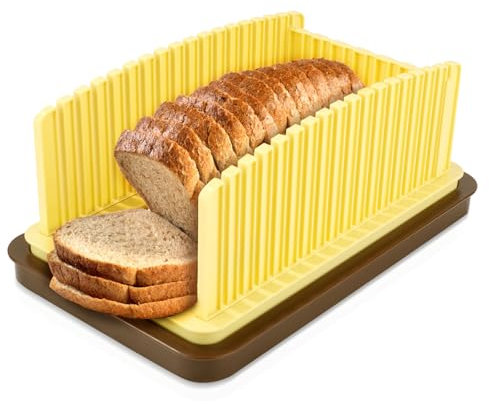 Trancheuse à Pain pour Pain Fait Maison, Largeur Réglable Guide de Coupe du Pain avec Plateau Outil de Coupe de Pain Pliable pour Rondelles de Levain Baguette Sandwich(Jaune)