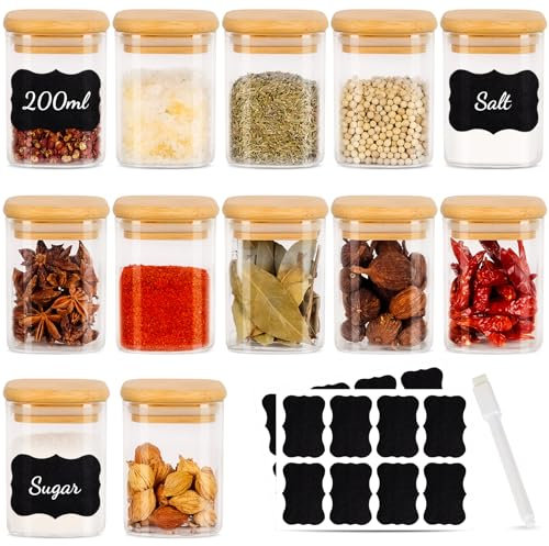 Lot de 12 Pot a Epices CarréS 200 ml HerméTiques avec Couvercle en Bois, pot Epices Verre, RéCipient à éPices, Ensemble de pots à éPices, Stockage d'éPices, Shaker à éPices, Stockage d'éPices