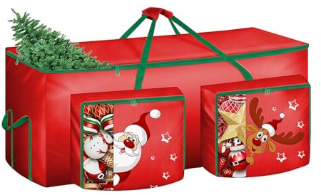 Alupssuc Christmas Tree Storage Bag 7.5ft,Large Bauble Decoration Storage Box,Christmas Ball Storage,600d Oxford Sturdy and Durable,Waterproof Storage Bag,Side Pocket Store With Cute Pattern-Red