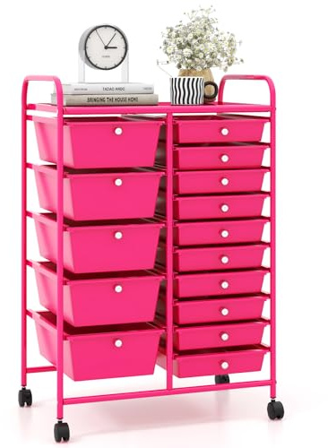 COSTWAY Carrello con 15 Cassetti Impilabili, Carrello di Stoccaggio con Ruote, Carello Portaoggetti per Casa e Ufficio, 63 x 37 x 87 cm (Rosa scuro)