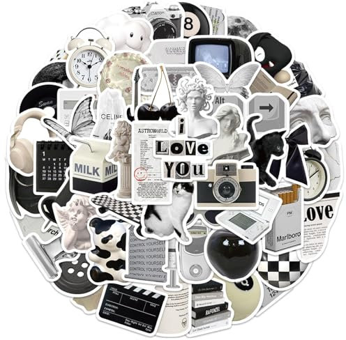 GGTTNRT 61Pcs Laptop Stickers Scrapbook Stickers, Stickers Aesthetic Personalized Vintage Black and White Sticker, for Computer Phone Journal Skateboard Cups, Adults Children (Black and White)
