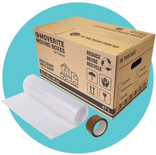 MoveRite Large Strong Cardboard Moving Boxes with Bubble Wrap & Tape – Pack of 5 (47 litres 52cm x 30cm x 30cm) Removal Boxes for Moving House – Packing & Storage Cartons by Triplast