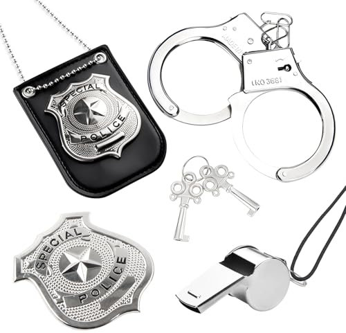 JurciCat 5 Pezzi Manette Giocattolo Bambini Accessori Polizia - Distintivo Per Cosplay Carnevale Halloween Festa Costume