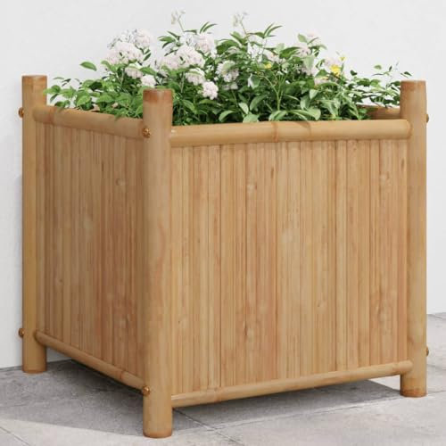 Homgoday Jardinière 40x40x40 cm Bambou, Lit Surélevé de Jardin pour Cultiver Fleurs Plantes, Bac de Plantation pour Terrasse Balcon Extérieur