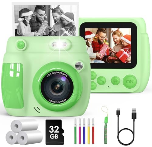 Gofunly Sofortbildkamera Kinder, 2,4 Zoll Bildschirm Kinderkamera Sofortbildkamera mit 32GB Karte & Druckpapier, 1080P HD Kamera Kinder Sofortdruck, Geschenk für 3-12 Jungen und Mädchen (Grün)