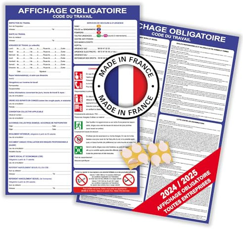 Panneaux affichage obligatoire entreprise code du travail 2024 2025 - Affichage réglementaire entreprise - Affichage obligatoire format A3 (x2) pour écriture permanente + pastilles adhésives