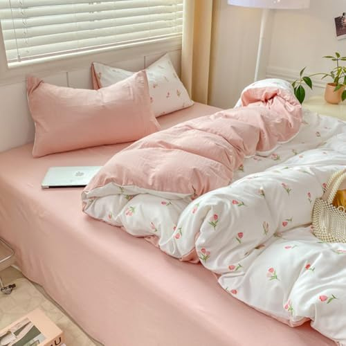 Nyescasa Bettwäsche 140x200 Weiß Rosa Tulpen Bettbezug Mädchen Kinder Weich Mikrofaser Blumenmuster Wendebettwäsche Set mit Reißverschluss und Kissenbezug 70x90cm