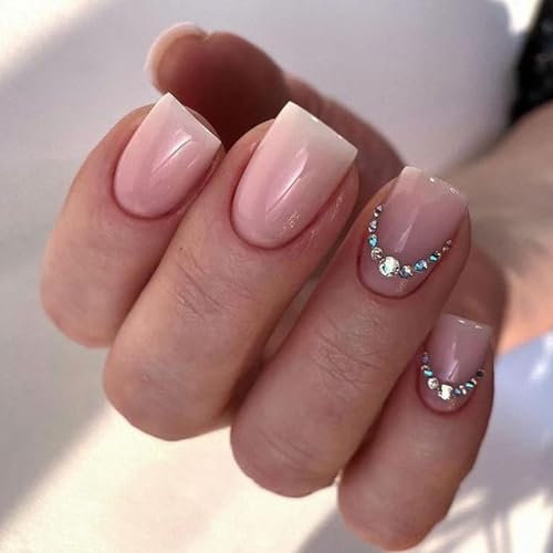 DMQ Square False Nails Short, 24Pcs Pink Gradient French Tip Nude Press on Nails, Glossy Removable Glue on Nail with Diamonds, Acrylic Full Cover Stick on Nail with Glue for Women and Girls
