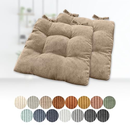 Lsjoaw 2er Set Sitzkissen 40x40x6cm Polster Auflage Gemütliche Stuhlkissen mit Bindebänder Sitzpolster Stuhlauflage Sitzpolster für Gartenstuhl Küche oder Esszimmer Quadrat Cordstoff Hellbraun