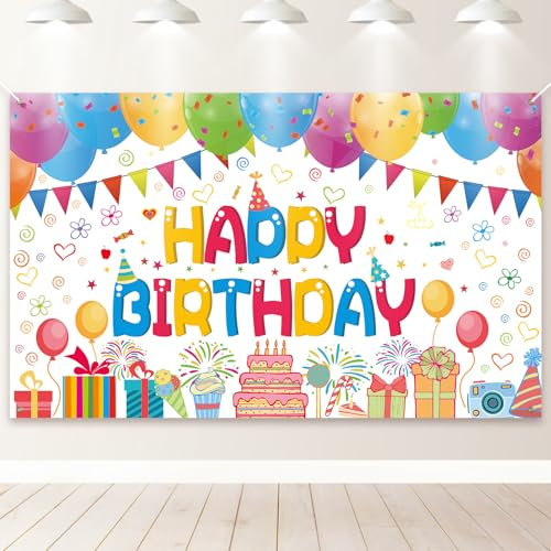 PartyYaa Pancarta de cumpleaños, pancarta de feliz cumpleaños, decoración para niños, extragrande, fiesta de cumpleaños, fotomatón de fondo, cartel decorativo para niñas y niños (blanco)