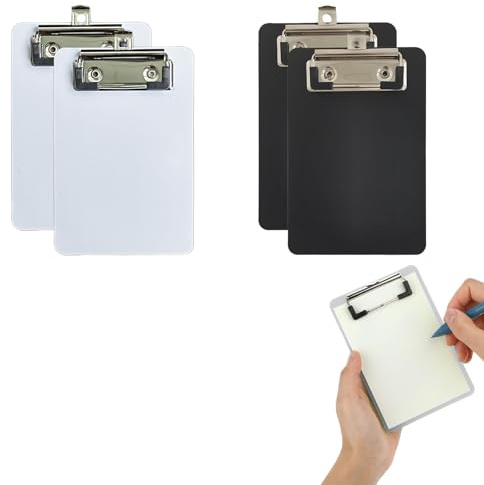 4PCS Klemmbrett A6, Klemmbretter, Klemmbrett Klein, Kunststoff Clipboard, Mini-Klemmbretter für Büroangestellte Studenten, Schreibbrett für Notizbuch, Quittung, Liste (Schwarz, Weiß)