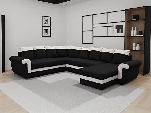Bestmobilier Henry – Wohnlandschaft beidseitig montierbar mit Schlaffunktion – mit Bettkasten – aus Stoff und PU – 7-Sitzer Schwarz/Weiß