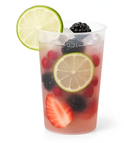 Silverkitchen 50x Plastikbecher 0,3l Mehrweg – stapelbare, spülmaschinenfeste Mehrwegbecher aus BPA-freiem Kunststoff, dünnwandig mit Eichstrich – Made in Germany